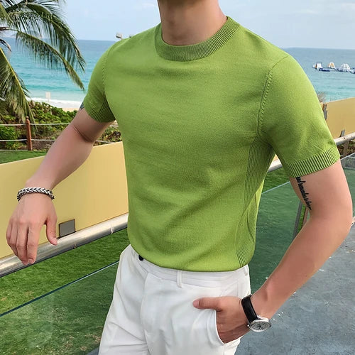 Bonsir British Style Summer Ice Silk Short Sleeve Knitted T Shirts Men Simple Pure Color O-Neck Casual Slim Tee Shirt Top Homme M-3XL