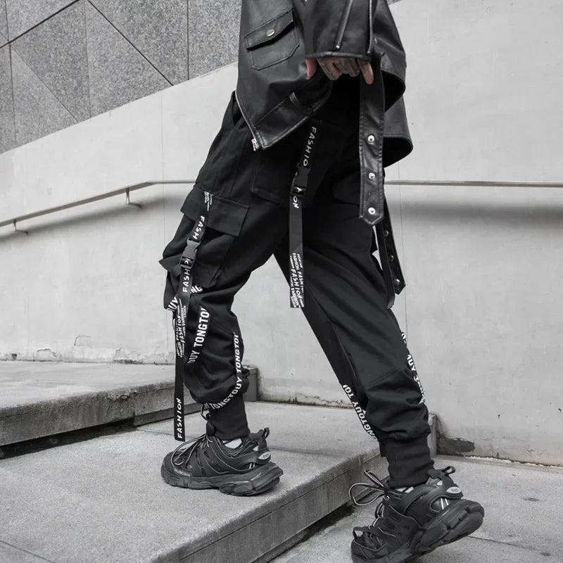 Bonsir Techwear Cargo Pants Men Joggers Black Cargo Trousers for Men Jogging Japanese Streetwear Hip Hop Hippie Gothic Ribbon