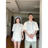 BONSIR  -  Solid Striped Men's Short Sleeved Shirt Summer Colored Button Design Male Blouse Korean Casual Loose and Versatile Top