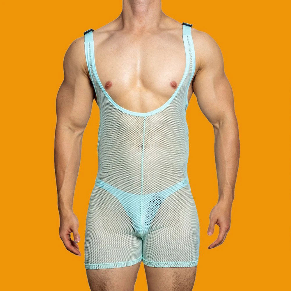 Bonsir Mens sexy tight-fitting solid color mesh see-through jumpsuit shaping breathable sexy suspenders home underwear for men