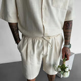 BONSIR  -  Summer New Casual Men's Suits Pocket Design Loose Vintage Turn-down Collar Short Sleeve Shirt and Shorts Men Two Piece Set