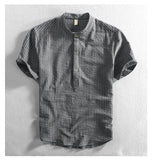 BONSIR  -  Men's Casual Cotton Shirt Short Sleeve Blouse Tops Summer Botton Pinstripe Holiday Shirt Comfortable Handsome Men Henley Shirt