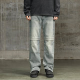 BONSIR  -  American New Fashion Vintage Men's Straight Wide Leg Loose Spliced  Casual Trendy Washed Blue Denim Trousers Male Streetwear