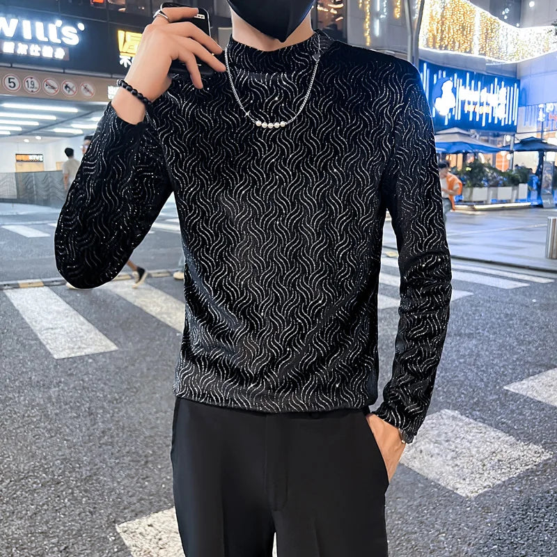 Bonsir Luxury Striped Velvet T-Shirts Men Autumn Winter Half Turtleneck T Shirt Lomg Sleeve Casual Slim Fit Tee Tops Social Streetwear