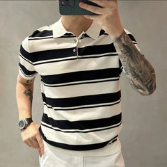 Bonsir Smart Casual Summer Polo Shirts Men Turn-down Collar Striped Contrast Color Button Simplicity Fashion Loose Short Sleeve Tops