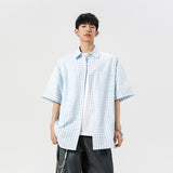 BONSIR  -  Japanese Style Checked Short Sleeve Shirts for man: comfortable & skin-friendly fabrics, Jacquard  lapel Summer Top Clothing