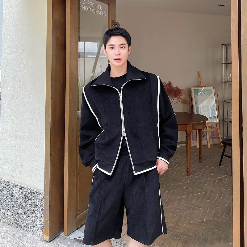 Bonsir Autumn Men's Two-piece Stand Collar Solid Color Jacket Straight Wide Leg Loose Male Shorts Korean Style