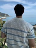 BONSIR  -  Men Fashion Stripe Lapel T-Shirt Short Sleeve Comfort Knitted Polo Shirt High Quality Coarse Fried Dough Twists Design Top