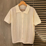 Bonsir Mens Japanese Jacquard Hollow Knitted Short-Sleeve Shirt New Sexy Solid Color Casual Simple Outer Lapel Casual Half-Sleeve Top