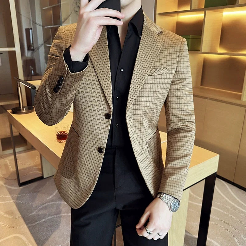 Bonsir British Style Plaid Suit Jacket For Men New Business Casual Slim Blazer Formal Wedding Party Suit Dress Coats Men Clothing