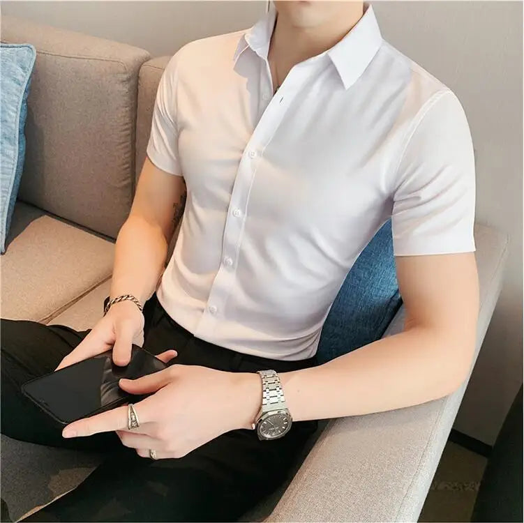 Bonsir Summer Men Fashion Casual Short Sleeve Solid Shirt Super Slim Fit Male Social Business Dress Shirt Brand Men Casual Dress Blouse