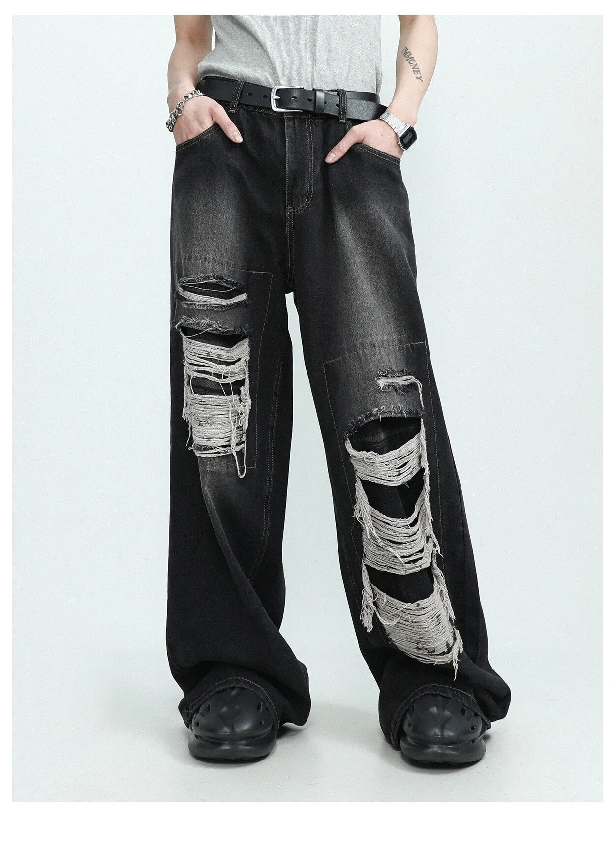 Bonsir American High end Perforated Denim Pants for Men's Design Sense Small and Loose Wide Leg Straight Leg Pants hiphop