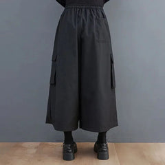 Bonsir Gothic Style Japanese Large Pocket Casual Culottes 2024 New Fashion Loose Daily Versatile Elastic Waist Wide Leg Pants Unisex