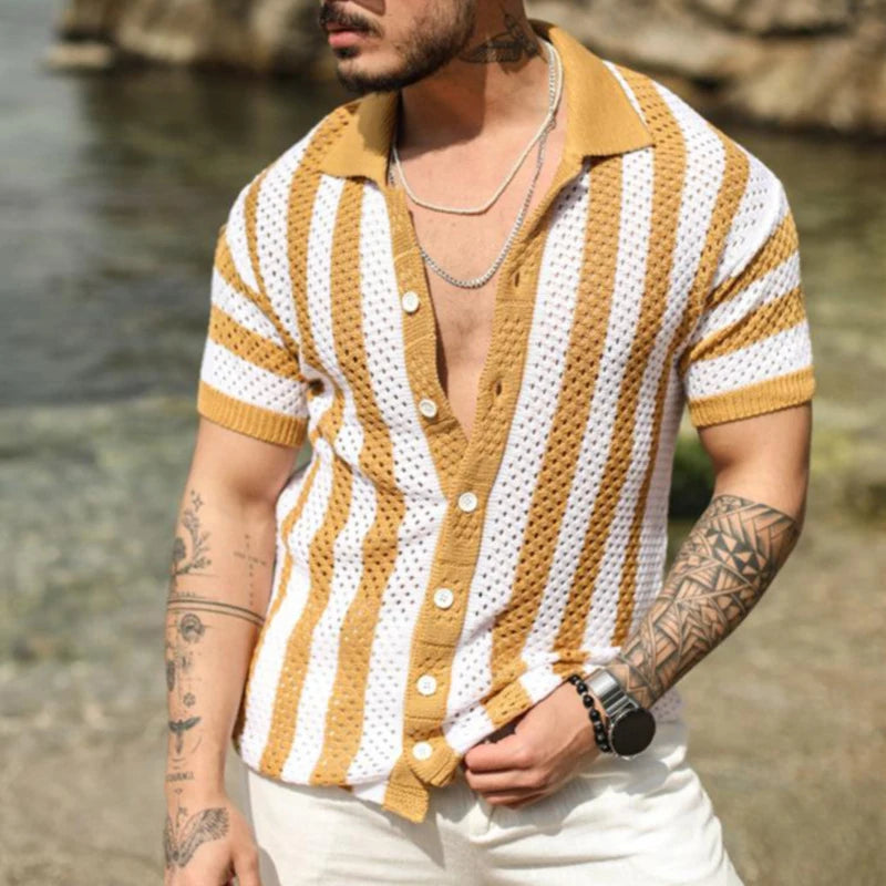 BONSIR  -  Male Collar Button-up Cardigan Social Shirt Men Clothing Hollow Loose T-shirts 2yk Top Fashion Striped Stitch Polos Shirts