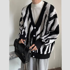 Bonsir Men Cardigan Pattern V-neck Loose Casual All-match Single Breasted Knitted Sweater Korean Style Ulzzang Autumn Outwear