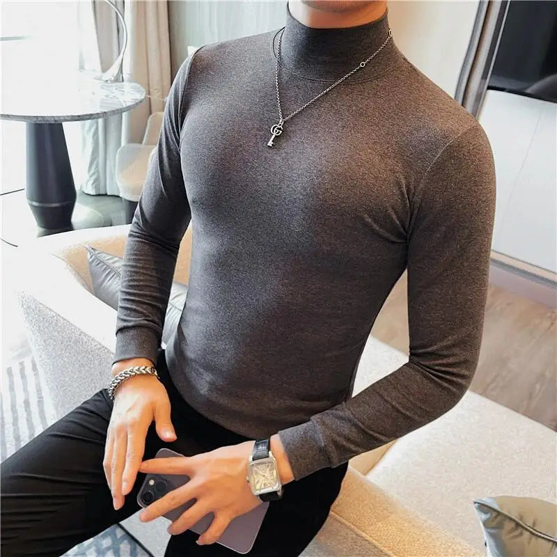 Bonsir 7 Colors Autumn Winter Half High Neck Long Sleeve T Shirts  Men Solid Color Slim Fit Casual Elastic Warm Versatile Tee Shirt 4XL