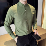 Bonsir Stand-up Collar Long Sleeved Shirt High Quality Men High-end Elastic seersucker Slim Fit Casual Social Party Shirts