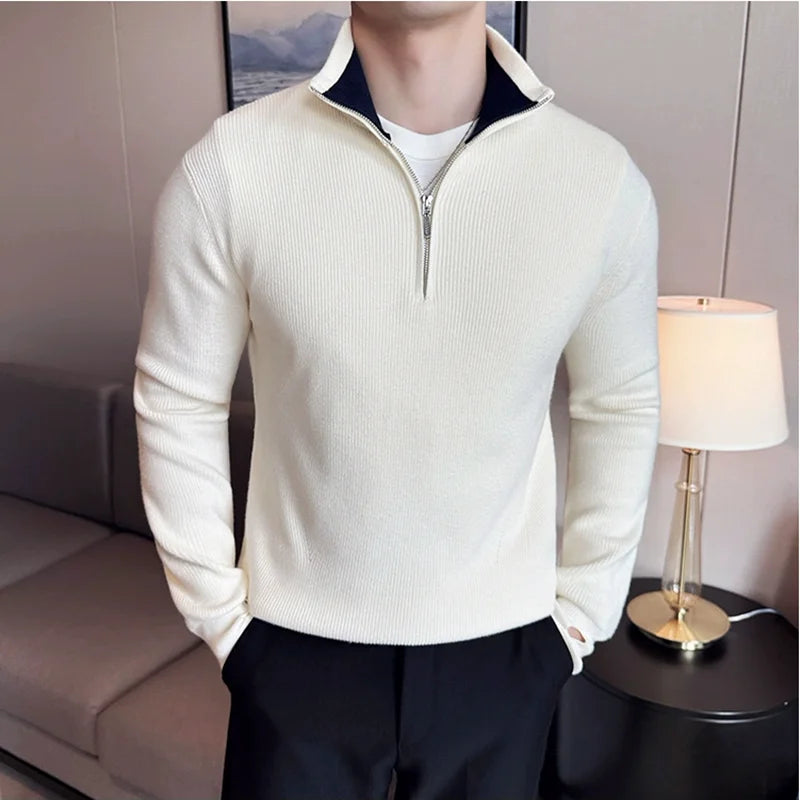 Bonsir Autumn Winter Sweater For Men High Quality Half Zipper Coat Men's Stand up Collar Color Blocked Slim Fit Knitted Pullover