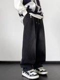 BONSIR  -  Retro Japanese Sle Dstring Loose Waist Denim Jeans for Men High Street Wide Leg Pants Youthful Trendy Long Trousers