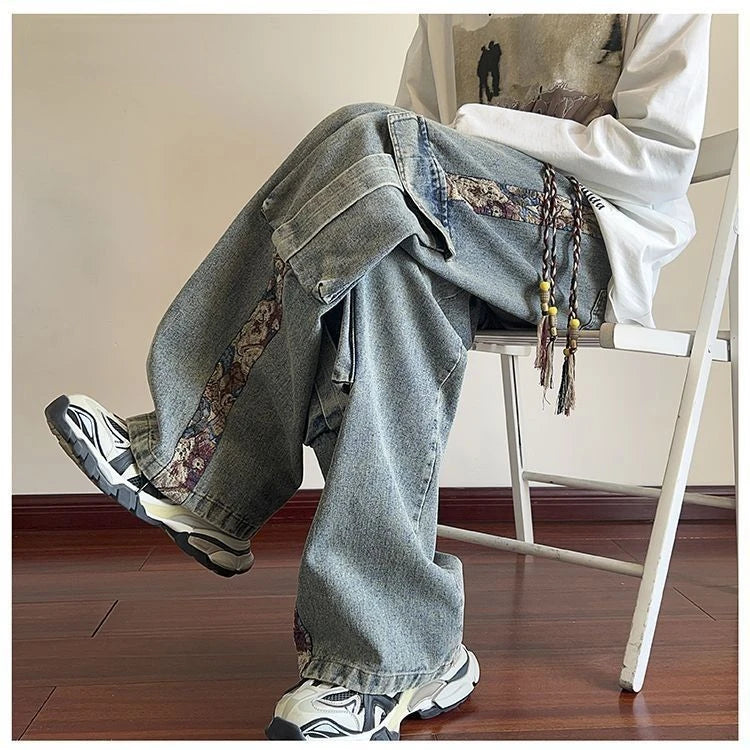 Bonsir Hip hop trend personalized straight leg retro washed workwear jeans American men and women street loose wide leg casual pants