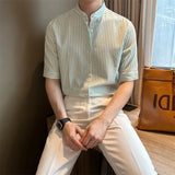 BONSIR  -  New Fashion Striped Stand Collar Men Shirts Luxury Casual Textured Half Sleeve Cardigan Tops Summer Business Slim-fit Blouse