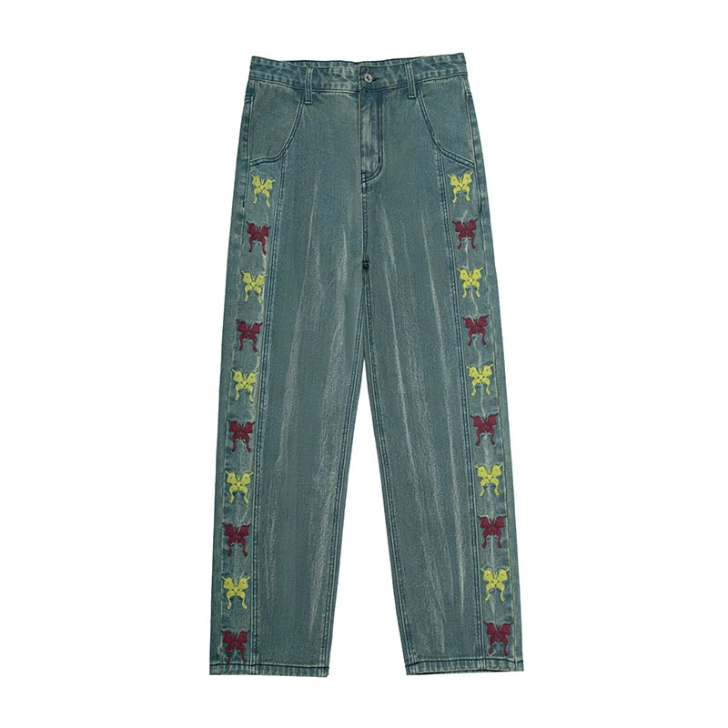 Bonsir Men Korean Fashions Retro Blue Jeans Butterfly Embroidery Spring Harem Pants Mens Streetwear Denim Baggy Wide Leg Pants