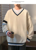 BONSIR  -  Preppy V-neck Sweater for Men Couples Pullovers Ins Knitted Top Autumn Korean Trendy Loose-fit Line Clothes for Students Youth