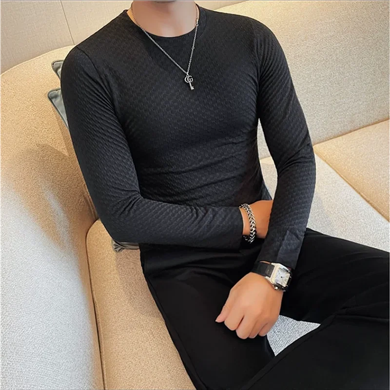 Bonsir Autumn Men's Long Sleeve T-shirt Korean Style Slim Fit Elastic Solid Color Pullover Trendy  Round Neck Versatile T-shirts