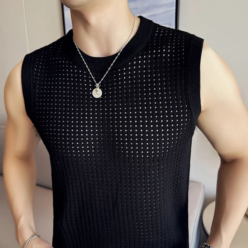 Bonsir Summer Mesh Hollowing Out T Shirts For Men High Quality Korean Slim Fit Elastic Sleeveless O-Neck Gym Breathable Vest Mens Tees