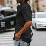 BONSIR  -  Men Shirt Solid Color Lapel Short Sleeve Lace Up Streetwear Men Clothing Summer 2025 Button Fashion Tops Camisas S-5XL