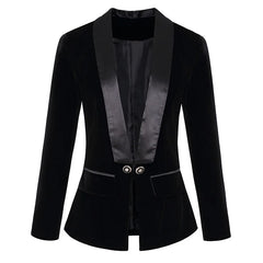 BONSIR  -  Dark Blue Black Blazer Women Spring Autumn Long Sleeve Velvet Coats Shawl Collar Single Button Blazers Women Jacket Coat Female