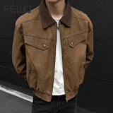 BONSIR  -  American Style Men Jacket Contrast Color Turn-down Collar Patchwork Washing New Autumn Silhouette Loose Male Coat 24K5356