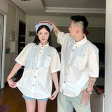 BONSIR  -  Solid Striped Men's Short Sleeved Shirt Summer Colored Button Design Male Blouse Korean Casual Loose and Versatile Top