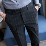 Bonsir England Style Men's Casual Striped Suit Pants Stretch Business Casual Long Slim Fit Trousers Black Blue Pencil Pants for Man