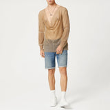 Bonsir Mens Sexy See-Through Mesh Long-Sleeve Top 2024 New Genderless Nightclub Individuality Irregular Thin Low-Cut T-Shirt Unisex