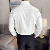 Bonsir High Quality Dark Patterned Jacquard Men's Shirt Korean Designer Long Sleeved Slim Fit Casual Prom Tuxedo Black/White Shirt