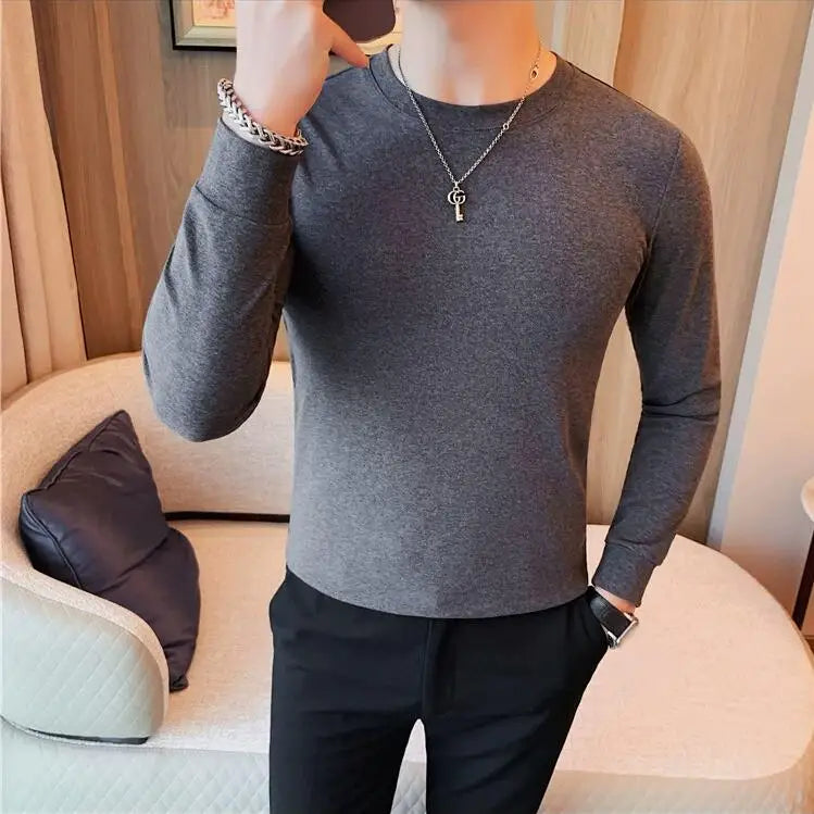 Bonsir Autumn Winter Men's Round Neck Long Sleeve T Shirts Men Solid Color Slim Fit Casual Elastic Warm Versatile Tee Shirt