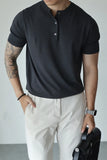 BONSIR  -  New Fashion American Style Men T-shirt Light Luxury Knitted Henry Collar Tees Casual Solid Color Short Sleeve Breathable Tops