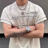 BONSIR  -  Mens T-Shirt Letter Print Cuff Stitching T-Shirt Summer Streetwear Niche Personality Fashion Casual Tops Men'S Clothing 2025 New