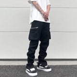 Bonsir Streetwear Retro White Black Pleated Tapered Jeans Side Pockets Zipper Hem Casual Jeans Baggy Men's Fashion Straight Denim Pants