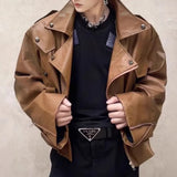 Bonsir Mens Pu Leather Jacket Machine Casual Lined Leather Jacket Autumn Streetwear Personality Trend Temperament Tops Men'S Clothing