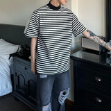 Bonsir Mens Casual Black White Striped T-Shirts Genderless 2024 Summer New Fashion Streetwear Youth High Neck Short Sleeve Tops Unisex