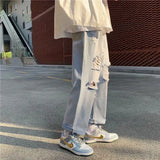 BONSIR  -  Spring Summer New Y2K Hole Fashion Straight Pants Man High Street Thin Style Personality Cowboy Cotton Ankle Length Pants