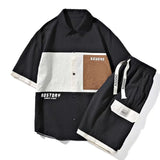 BONSIR  -  Men's Summer Trendy Brand Short Sleeve Shirt Snd Shorts Two piece Set Ice Silk Splicing Letter Pattern Printed Men's Casual Set