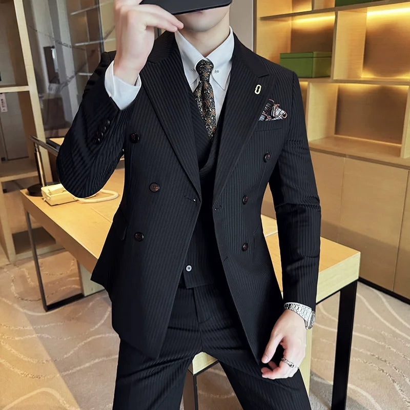 Bonsir (Jackets+Pants+Vest) Luxury Stripe Men Suit High Quality Double Breasted Elegant Fashion Tuxedo Formal Groom Wedding Social Suit