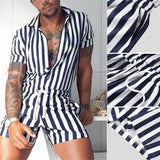 BONSIR  -  Men's Striped Rompers Streetwear Fashion Casual Playsuits Short Sleeve Button Lapel Jumpsuits Drawstring Boxers Shorts Bodysuits