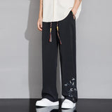 BONSIR  -  Drawstring Sweatpants Thin Men's Fashion Embroidered Wide Pants Straight Comfortable Casual Male Clothes Trousers Streetwear