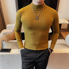 Bonsir Autumn New Semi Turtleneck Elastic T-shirt Men Fashion Striped  Long Sleeves Slim Fit Tight-Fitting Solid Color Casual Plaid Tee