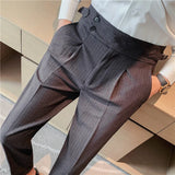 Bonsir British Style Men High Waist Casual Dress Pant Men Belt Design Slim Trousers Formal Office Social Wedding Party Dress Suit Pants