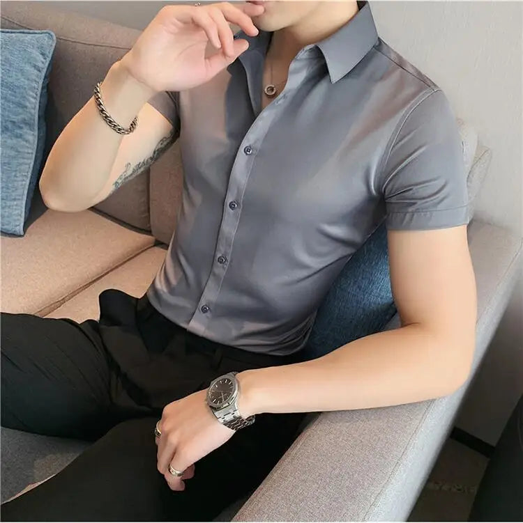 Bonsir Summer Men Fashion Casual Short Sleeve Solid Shirt Super Slim Fit Male Social Business Dress Shirt Brand Men Casual Dress Blouse